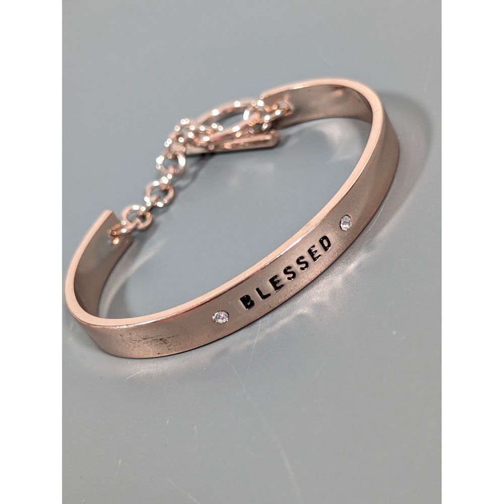 Rose Gold Tone Blessed Bracelet Rhinestone Cuff Bangle Toggle Chain 7in‎
